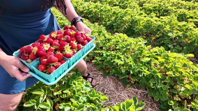 Woman hand-picks strawberries in a field row at Pineland Farms, Maine