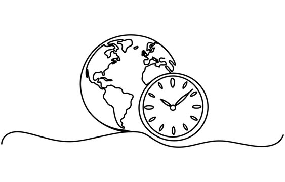 Continuous single line drawing of a globe and a wall clock representing global time zones isolated on a white background Vector, illustration