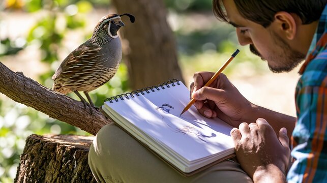 A quail perched on a branch with a man observing wildlife in a sunny forest setting