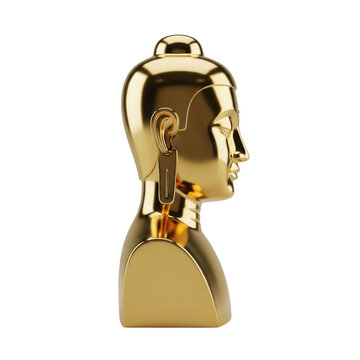 a majestic, highly polished 24k gold minimalist buddha sculpture viewed in strict profile, isolated on a clean transparent studio background. concept of golden luxury craftsmanship