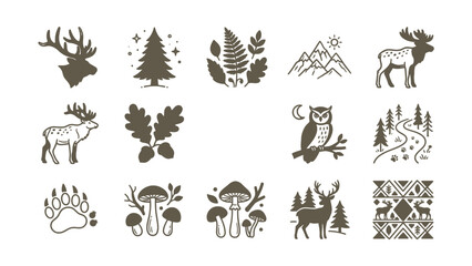 Fototapeta premium Wild Forest Nature Icons Set Deer Moose Owl Mountains Mushrooms Ferns Trees
