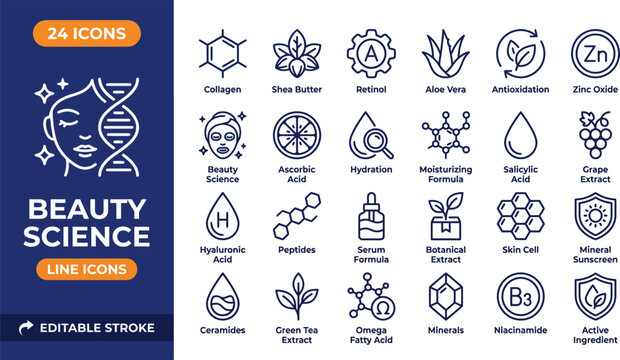 Beauty Science line editable icon set. Containing skincare, cosmetic ingredients, vitamins, minerals, and more. Editable stroke. Vector illustration