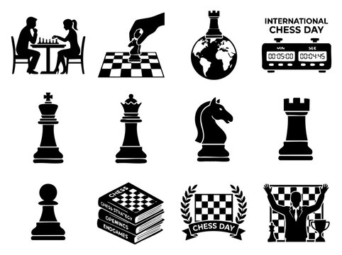 Black silhouette world chess day vector set. People playing board game, timer clock, globe, hand moving piece and books for competition concept.
