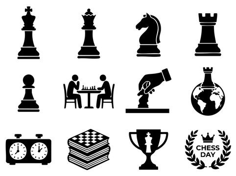 Black silhouette world chess day vector set. People playing board game, timer clock, globe, hand moving piece and books for competition concept.