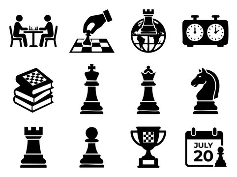 Black silhouette world chess day vector set. People playing board game, timer clock, globe, hand moving piece and books for competition concept.