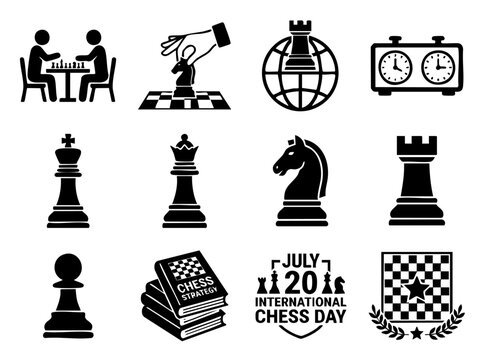 Black silhouette world chess day vector set. People playing board game, timer clock, globe, hand moving piece and books for competition concept.