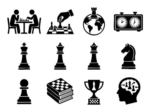 Black silhouette world chess day vector set. People playing board game, timer clock, globe, hand moving piece and books for competition concept.