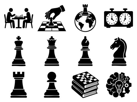 Black silhouette world chess day vector set. People playing board game, timer clock, globe, hand moving piece and books for competition concept.