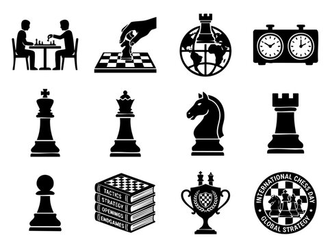 Black silhouette world chess day vector set. People playing board game, timer clock, globe, hand moving piece and books for competition concept.