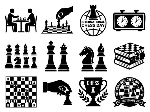 Black silhouette world chess day vector set. People playing board game, timer clock, globe, hand moving piece and books for competition concept.