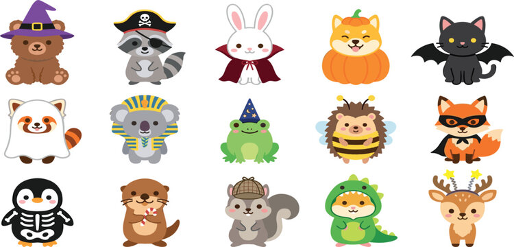 Cute Halloween Animal Costume Icon Set Featuring Kawaii Cartoon Characters Dressed as Witch Pirate Vampire Pumpkin Ghost and Funny Festive Monsters