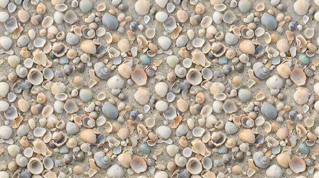 Seamless pattern of various small seashells scattered on wet beach sand.