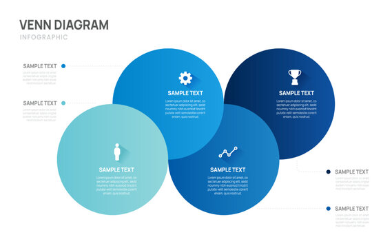 Venn diagram infographic chart template for business 4 steps options, presentation with venn diagram elements vector illustration.