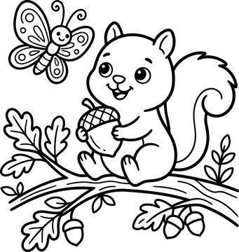 Smiling squirrel holding acorn on branch with butterfly