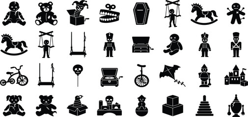 Spooky Haunted Toy Silhouette Icon Set with Creepy Dolls, Voodoo Bears, Jack in the Box, Coffins, and Gothic Halloween Element Designs © MstRuna