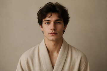 Fototapeta premium A young man with dark, wavy hair wearing a light-colored robe is posing against a plain, neutral background.