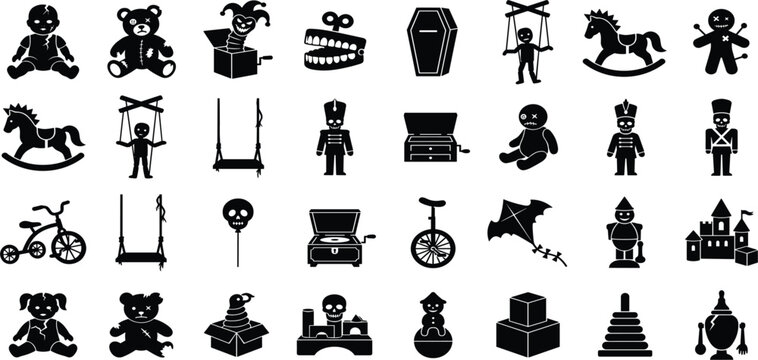 Spooky Haunted Toy Silhouette Icon Set with Creepy Dolls, Voodoo Bears, Jack in the Box, Coffins, and Gothic Halloween Element Designs