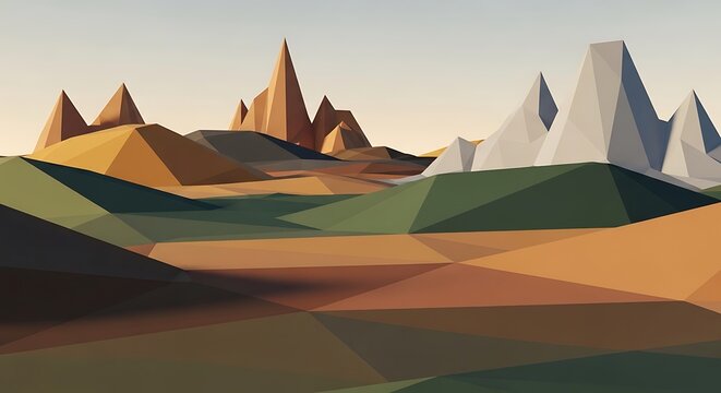 Low poly landscape with mountains and hills in a minimalist geometric style at sunset