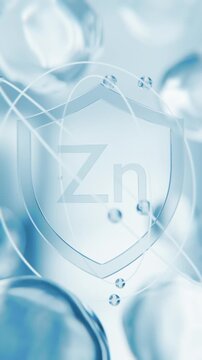 Zinc Zn mineral blue shield symbol in 3D animation. Trace element molecular structure abstract background with transparent liquid cells for medical, immune defense and chemistry video