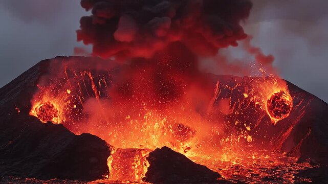 A powerful volcano erupting with molten lava flowing down its slopes and ash cloud billowing into the dark sky, conveying raw natural power and destruction
