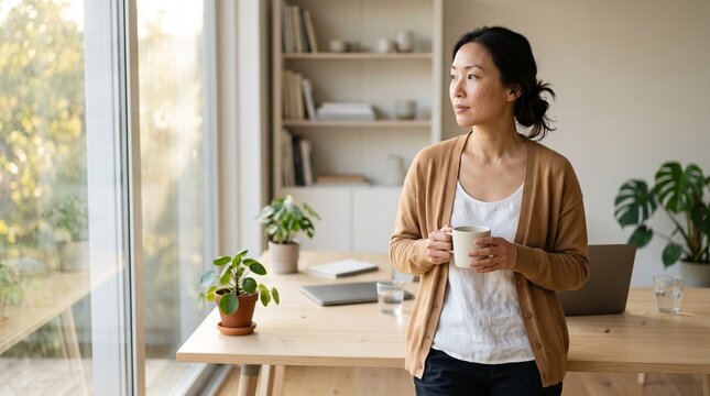 Asian woman holding coffee mug looking out window at home office