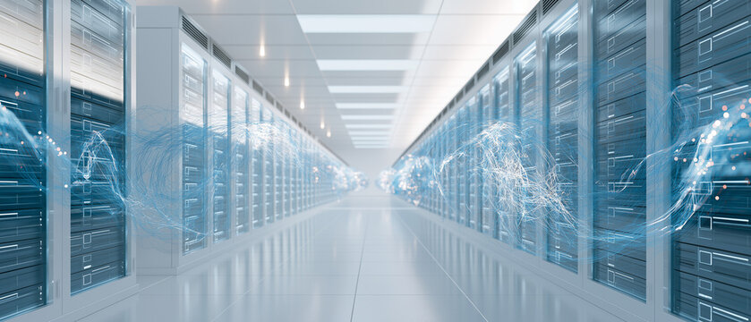 Data Center Hallway: A futuristic data center with rows of server racks stretching into the distance, illuminated by cool blue light and digital data streams.