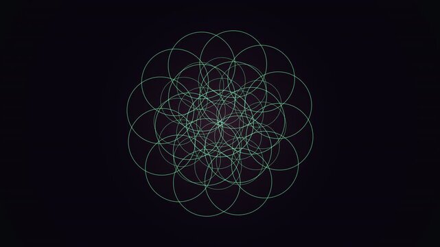 Seamless 4K loop of a glowing green vesica piscis sacred-geometry pattern breathing in radial symmetry drifting in hypnotic slow motion. Ideal for yoga, screen saver. 4K UHD.