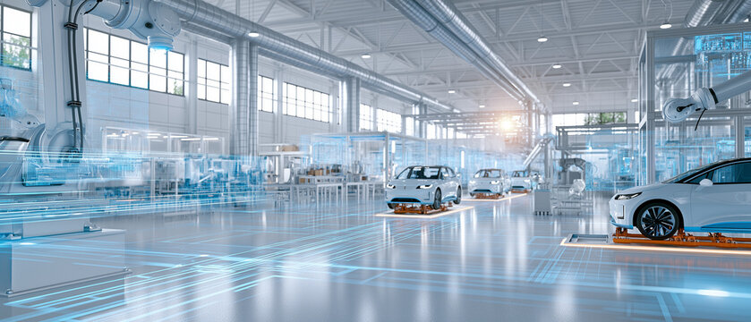 Futuristic Automotive Factory: A sleek, modern car manufacturing plant showcases advanced automation and robotic arms assembling vehicles.