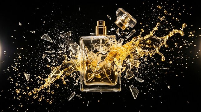 Golden liquid explodes from shattered perfume bottle on black background with fragments
