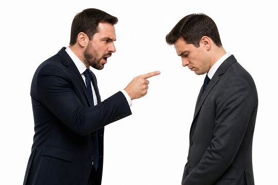 Two men in suits are facing each other, with one pointing accusingly at the other against a white background.