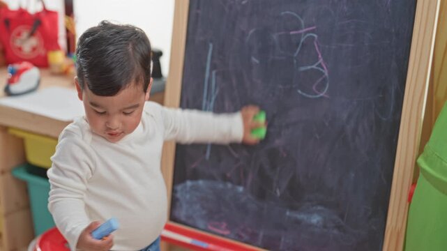 Little boy erasing a chalkboard with a green eraser while holding blue chalk at a wooden easel in a home playroom building; curiosity early learning.