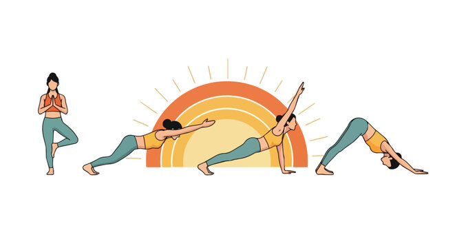 Peaceful yoga flow sequence with woman practicing morning meditation poses against a stylized sun background for health