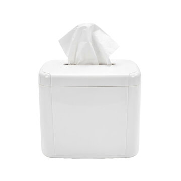 A square white plastic tissue box dispenser with a single soft paper tissue pulled out from the opening on a white background