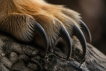 Fototapeta premium A close-up of a large animal's paw with sharp claws resting on rough bark.
