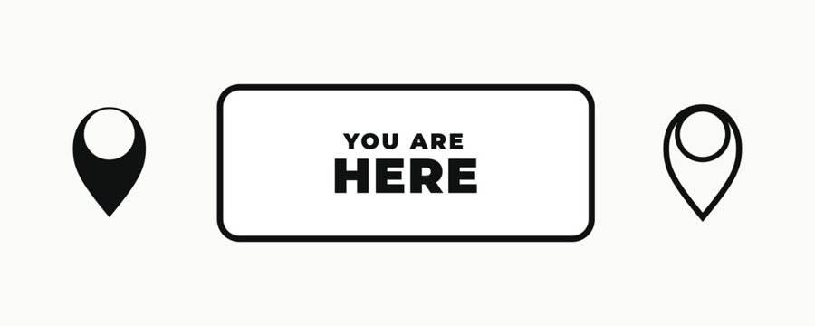Simple map pin icons flanking a white rectangle with 'YOU ARE HERE' text indicating location context