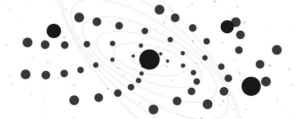 Abstract solar system with orbiting planets and stars against a white background in a minimalist style © Rakibs