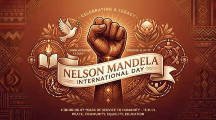 Nelson mandela international day commemorative poster with raised fist and dove of peace, equality