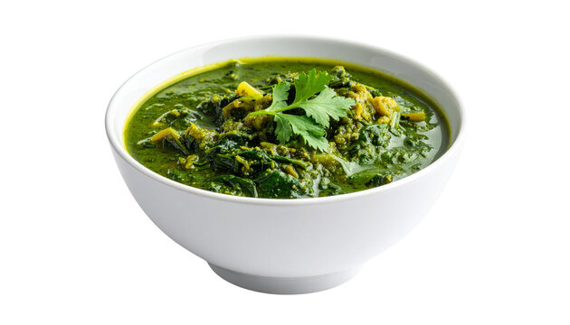 spinach and mustard green curry, saag, in a bowl, isolated on transparent background.