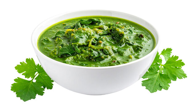 spinach and mustard green curry, saag, in a bowl, isolated on transparent background