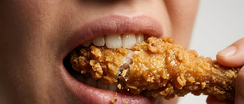 human lips biting crunchy fried chicken