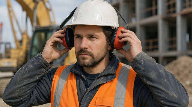 Construction worker man protective gear hard hat safety vest ear protection construction site building focused construction worker man wearing