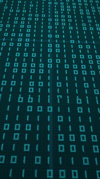Digital technology data animation cascades vertical binary information lines over screens. Internet communication software applications use a digital technology data animation.