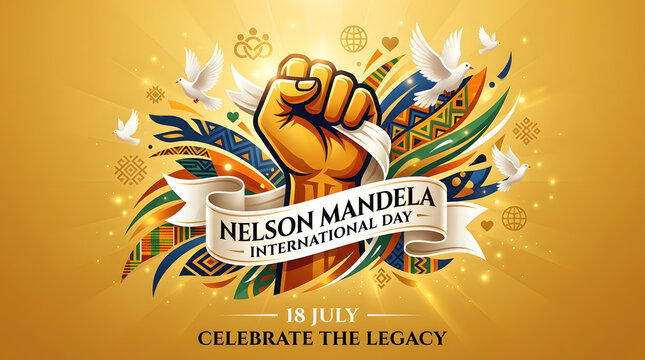 Nelson mandela international day concept art with raised fist and doves on gold background, equality