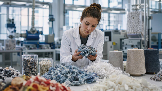 Worker examines materials in textile lab during research and development process for new sustainable fabrics