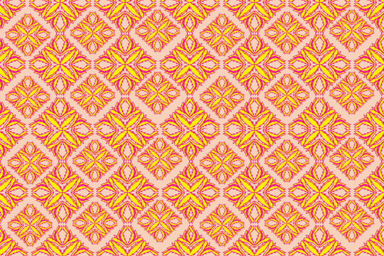 Elegant seamless damask floral pattern featuring ornamental botanical motifs in vibrant yellow and pink colors on a soft pastel background. Perfect for wallpaper, textile, fabric, wrapping paper, fash