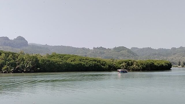 A scenic boat navigating the estuary where the river meets the sea, showcasing peaceful coastal waters, natural landscapes, and traditional maritime transportation. Perfect for illustrating fishing co