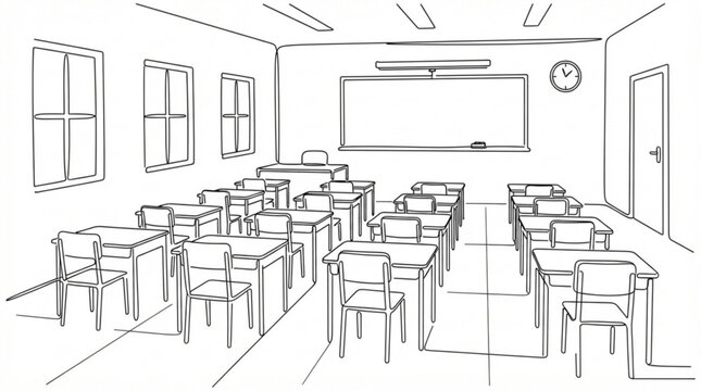 Empty classroom with desks and chairs arranged in a simple layout  