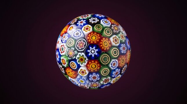 A colorful round glass paperweight decorated with intricate mosaic floral patterns