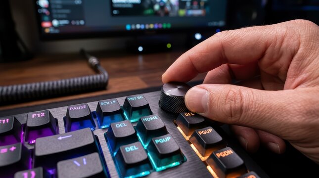 Hand pressing button on keyboard closeup.