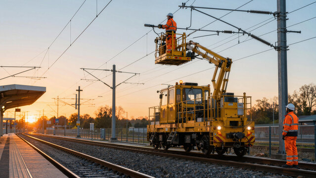 Workers operate a railway maintenance vehicle at a train station during sunset in the evening hours